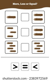 More less or equal. Educational math game for kids. Printable worksheet design for preschool, kindergarten or elementary students. Comparing objects.