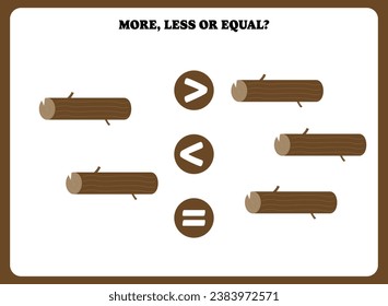 More less or equal. Educational math game for kids. Printable worksheet design for preschool, kindergarten or elementary students. Comparing objects.