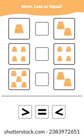 More less or equal. Educational math game for kids. Printable worksheet design for preschool, kindergarten or elementary students. Comparing objects.