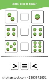 More less or equal. Educational math game for kids. Printable worksheet design for preschool, kindergarten or elementary students. Comparing objects.