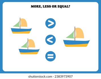 More less or equal. Educational math game for kids. Printable worksheet design for preschool, kindergarten or elementary students. Comparing objects.