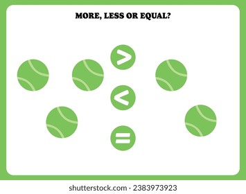 More less or equal. Educational math game for kids. Printable worksheet design for preschool, kindergarten or elementary students. Comparing objects.