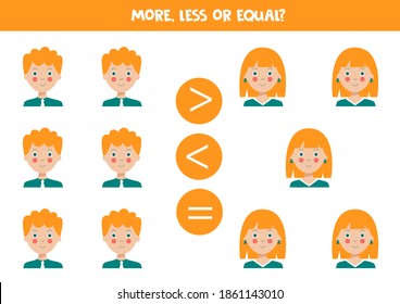 More, less or equal game with cute ginger haired boys and girls. Math game for kids.