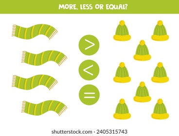 More, less or equal with green scarves and caps. Comparison game for children.