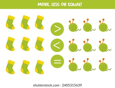 More, less or equal with green sock and ball of yarn. Comparison game for children.