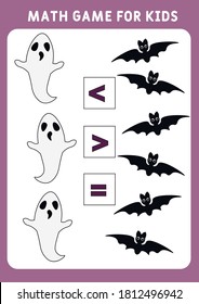 More, less or equal. Halloween theme. Math game for preschool kids. Educational worksheet for children. Activity book for kindergarten. Learning to count and to compare.