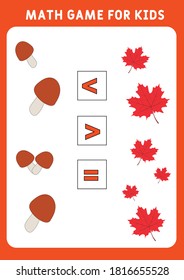 More, less or equal with mushrooms and autumn leaves. Math game for preschoolers. Educational worksheet for children. Activity journal for kindergarten. Learning to count and compare.