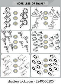 More, less, or equal. Set of counting and comparing the number of objects school supplies.