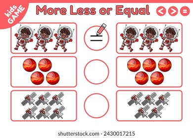 More, less or equal. Space math game for education children school. Count, compare and write down correct sign. Worksheet for kids. Cartoon african boy astronauts, planets Mars and satellites. Vector.