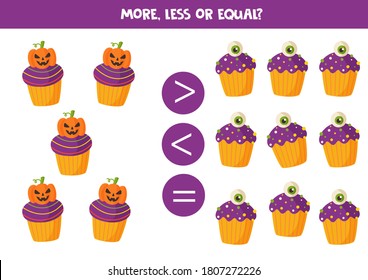 Más, menos o igual a los espeluznantes quequitos de Halloween. Juego educativo de matemáticas para niños.