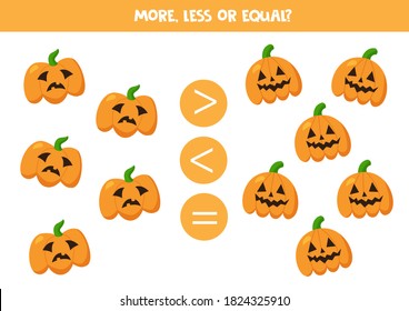 More, less, equal with spooky Halloween pumpkins. Educational math game for kids. 