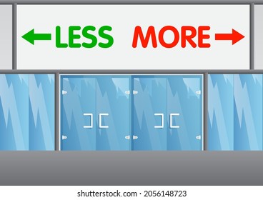 More and Less text with arrow with front door background. Bar, Cafe or drink establishment front with poster.