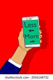 Más y menos texto con flecha en la pantalla Smartphone. Vector de dibujos animados ilustra el teléfono móvil.