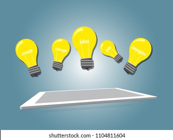 more Light bulb on tablet. Lamp sign. creative idea. Vector illustration.