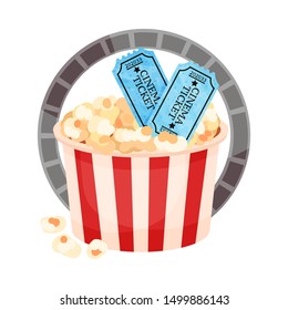 More paper bucket with popcorn and tickets. Vector illustration on a white background.