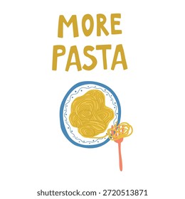 Más Pasta elemento dibujado a mano aislado en el fondo blanco. Letras pintadas a mano, impresión, cartel. Ilustración vectorial de dibujos animados, símbolo, signo, logotipo. Comida italiana.