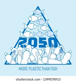 More plastic than fish in the sea by 2050. Prediction of plastic pollution crisis. Pyramid chart infographic concept. Vector illustration outline flat design style.