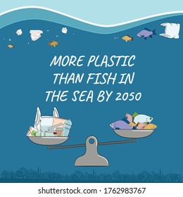 More plastic than fish in the sea by 2050 on balance scale. Marine and ocean plastic pollution. Global environmental problems. Stop water pollution. No more plastic. Hand drawn vector illustration.