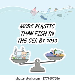 More plastic than fish in the sea by 2050 on balance scale. Marine and ocean plastic pollution. Global environmental problems. Stop water pollution. No more plastic. Hand drawn vector illustration.