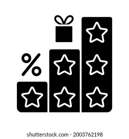 Mehr Punkte und Belohnungen für das Symbol der schwarzen Glyphe. Statusprogramm. Gestuftes Treueprogramm. Kauf von Dingen und Erhalt von Boni. Rabatte. Silhouette-Symbol auf weißem Raum. Vektorgrafik einzeln