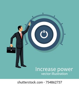 More power. Business aspirations. Vector illustration flat design. Isolated on background. Business people. Human twists handle of regulator. 