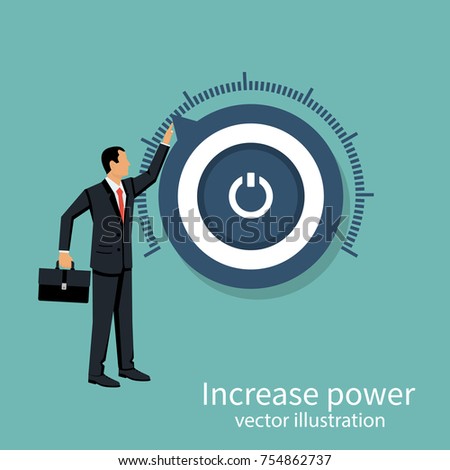 More power. Business aspirations. Vector illustration flat design. Isolated on background. Business people. Human twists handle of regulator. 