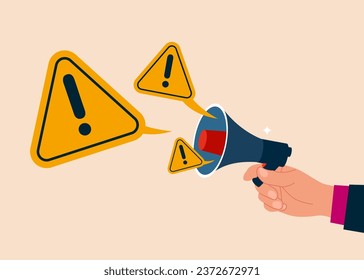 More problems. Talking message into loudspeaker with incident with exclamation attention sign. Flat vector illustration