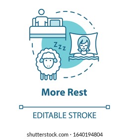 More rest concept icon. People sleeping. Comfortable nap. Count sheeps in bedroom. Asleep person idea thin line illustration. Vector isolated outline RGB color drawing. Editable stroke