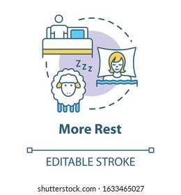 More rest concept icon. Sleep and relaxation. Comfortable nap. Count sheeps in bedroom. Asleep person idea thin line illustration. Vector isolated outline RGB color drawing. Editable stroke