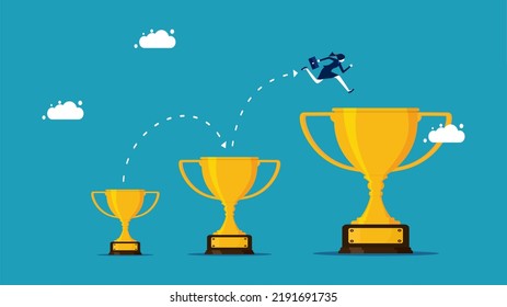 More Rewards. Businesswomen Run On Bigger Trophies. Business Concept Vector