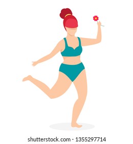 More Self Love. Body Positive Movement. Attractive Overweight Woman with Ginger Hair Dressed in Green Swimwear and Flower in Hand Dancing Isolated on White Background. Cartoon Flat Vector Illustration