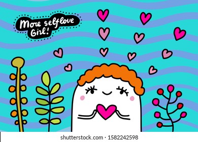 More selflove girl hand drawn vector illustration in cartoon comic style woman holding heart symbol