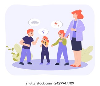 More siblings worsening mental health vector illustration. Older brother laughing at younger sister, older sister offending her. Mother confused. Family conflict between brother and sisters concept