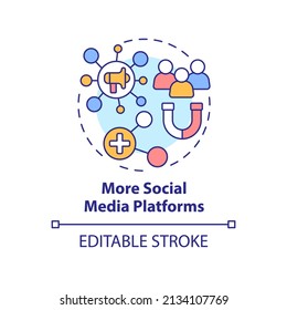 Mehr Social-Media-Plattformen-Konzept Symbol. Engagieren Sie Kunden. Digitales Marketing Trend abstrakte Idee dünne Linie Illustration. Einzeln Umrisszeichnung. Bearbeitbarer Strich. Arial, Myriad Pro Fett Schriftarten verwendet