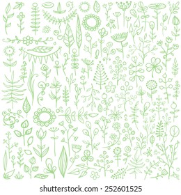 More than 100 creative handsketched floral doodles. Really big hand drawn set of different flowers, leafs, berries, and other nature elements