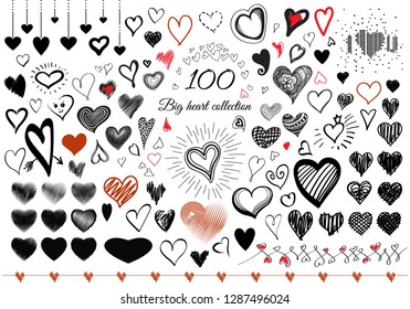 More than 100 doodle heart elements isolated on white background collection for Happy Valentines day design. Vector illustration