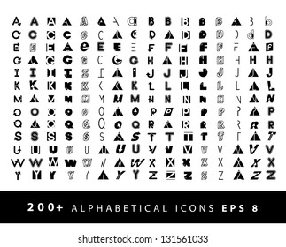 More than 200 alphabetical icons symbol alphabet A through Z. EPS 8 vector, grouped for easy editing. No open shapes or paths.