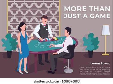 More than just a game poster flat vector template. Man and woman near blackjack table. Croupier count chips. Brochure, booklet one page concept design with cartoon characters. Casino flyer, leaflet