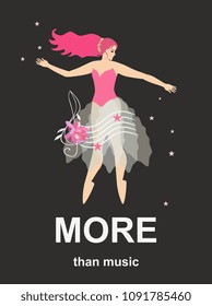 More than music. Template for banner with fairy ballerina, stars, treble clef in shape of pink flower and musical staff on black background in vector. Vertical card.