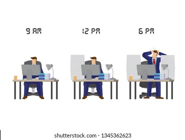 More And More Work For Employee As The Time Goes. Concept Of Overwork, Sabotage Or Corporate Stress. Isolated Vector Illustration.