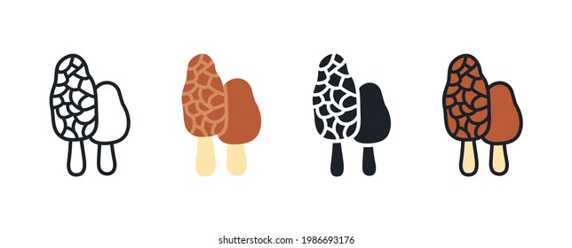 Morel icon. Linear flat color icons contour shape outline. Thin line. Black vector silhouette. Fill solid icon. Modern glyph design. Illustrations of mushrooms. Vector set