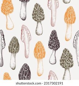 Morel-Pilzhintergrund. Essbare Fungus nahtlose Muster. Morchella Pilzdesign in Farbe. Pilzprotein, Mykoproteinquelle, gesunde Lebensmittel, pflanzliches Erzeugnis. Vintage-Illustration, Verpackung