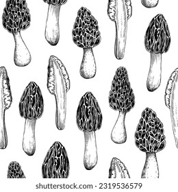 Morel-Pilzhintergrund. Essbare Fungus nahtlose Muster. Morchella Pilzdesign in Farbe. Fungale Eiweißnahrung, Mykoproteinquelle, gesunde Lebensmittel, pflanzliche Erzeugnisse, Vintage-Illustration  