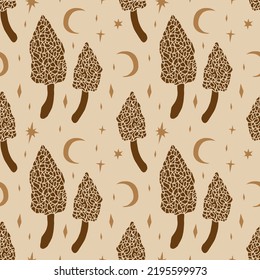 Morel-Pilz-Magie, zauberhafte Vektorgrafik und jpg-bedruckbares Boho-Muster, einzigartiges Bild von wiederholter Clip-Art, bearbeitbare einzelne Details. Perfekt für Kleidungsdesign, Wickelpapier