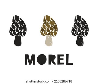 Morel mushroom, silhouette icons set with lettering. Imitation of stamp, print with scuffs. Simple black shape and color vector illustration. Hand drawn isolated elements on white background