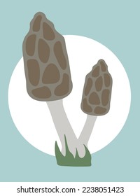 Morel-Pilze auf blauem Hintergrund mit einem, der zum Verpacken von Papier, Stoff oder Becher verwendet werden kann. Vektorgrafik.