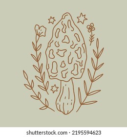 Morel witchcraft celestial mushroom, magical potion ingredients. Cartoon doodle style, woodland forest symbol. Vector and jpg printable image, unique boho clipart illustration, editable isolated