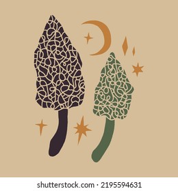 Morel witchcraft celestial mushroom, magical potion ingredients. Cartoon doodle style, woodland forest symbol. Vector and jpg printable image, unique boho clipart illustration, editable isolated