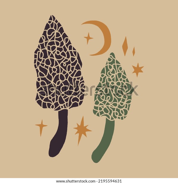 Morel witchcraft celestial mushroom, magical\
potion ingredients. Cartoon doodle style, woodland forest symbol.\
Vector and jpg printable image, unique boho clipart illustration,\
editable isolated