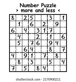 More-Less sudoku game black and white vector illustration